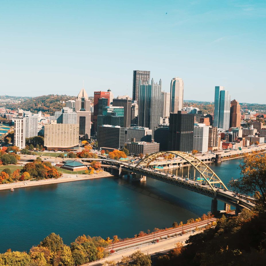 Pittsburgh, PA city skyline aerial view.