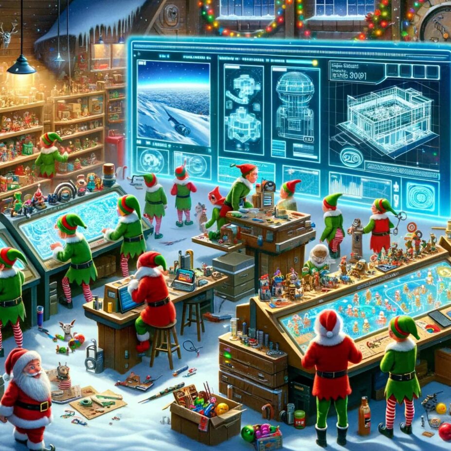 A busy scene of Santa's Workshop in the North Pole with elves working on toys. Cadnetics is partnering with Santa's Workship for holiday 2023.